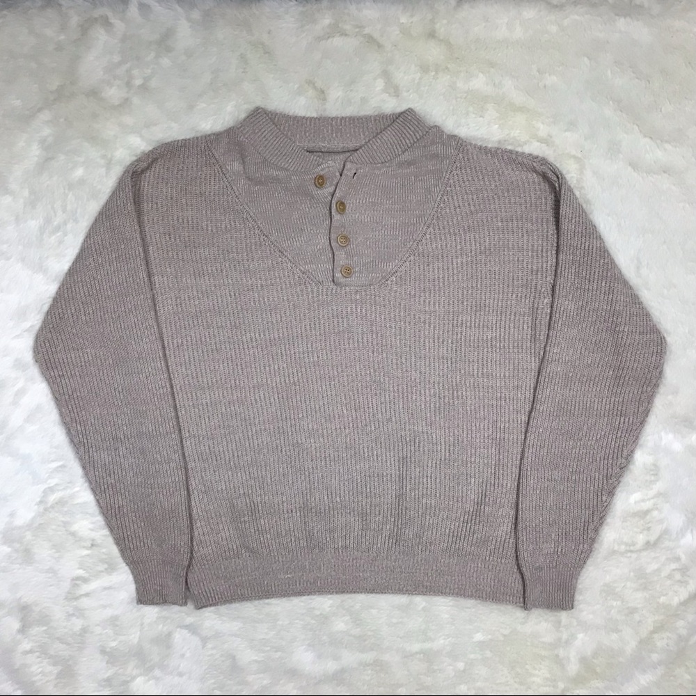 Vintage 70s / 80s Button Up Henley Pullover Sweater - Beige - Ribbed Knit